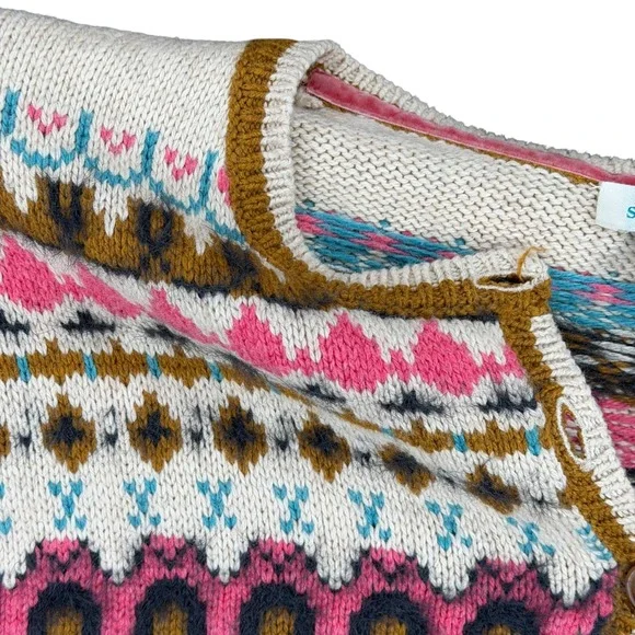SUNDANCE Innis Fair Isle Henley Sweater Women's Size Small Cream Wool Blend Boho - Picture 5 of 7